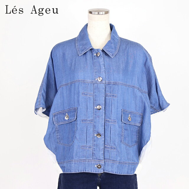 乐天商城 - レ・アージュ（Le's Ageu）レディース 半袖シャツ ブルー系 前後で生地の切替ドロップショルダーシャツ （サイズ/1）*ku0129