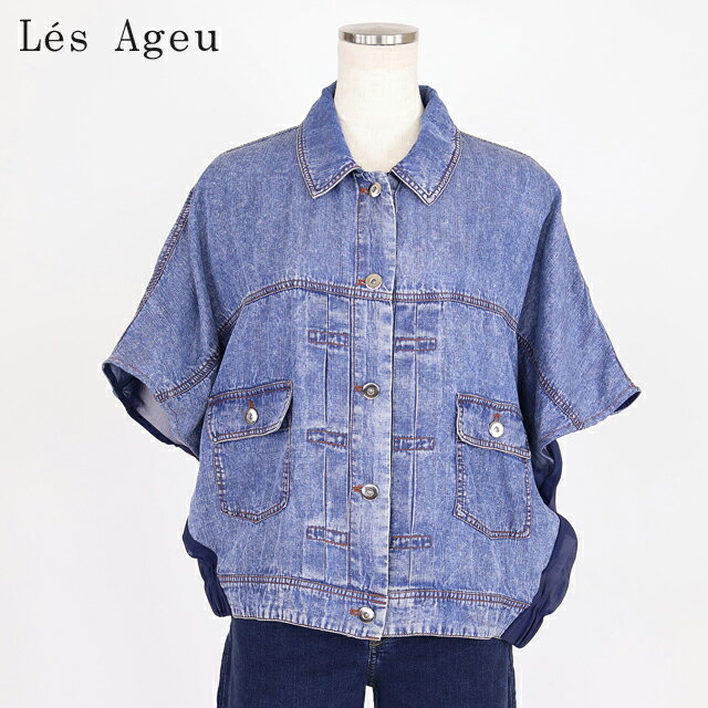 乐天商城 - レ・アージュ（Le's Ageu）レディース 半袖シャツ ネイビー系 前後で生地の切替ドロップショルダーシャツ （サイズ/1）*ku0130