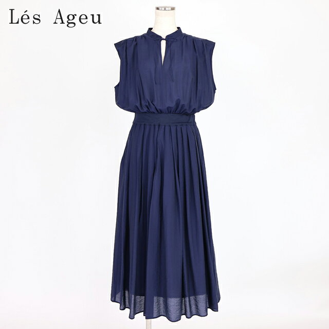 樂天商城 - レ・アージュ（Le's Ageu）レディース ロングワンピース ネイビー系 スタンドカラーリボン結びワンピース （サイズ/1）*ku0137