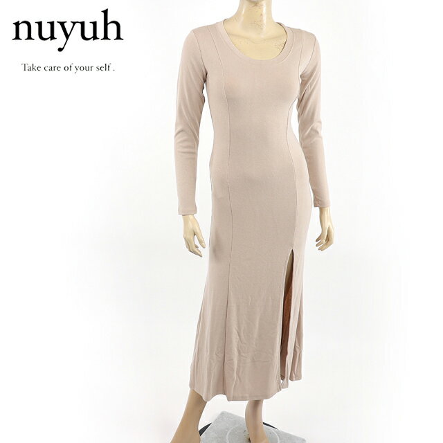 ウユ（nuyuh）レディース ロングワンピース ベージュ系 　左裾にカット （サイズ/F）*ro1062