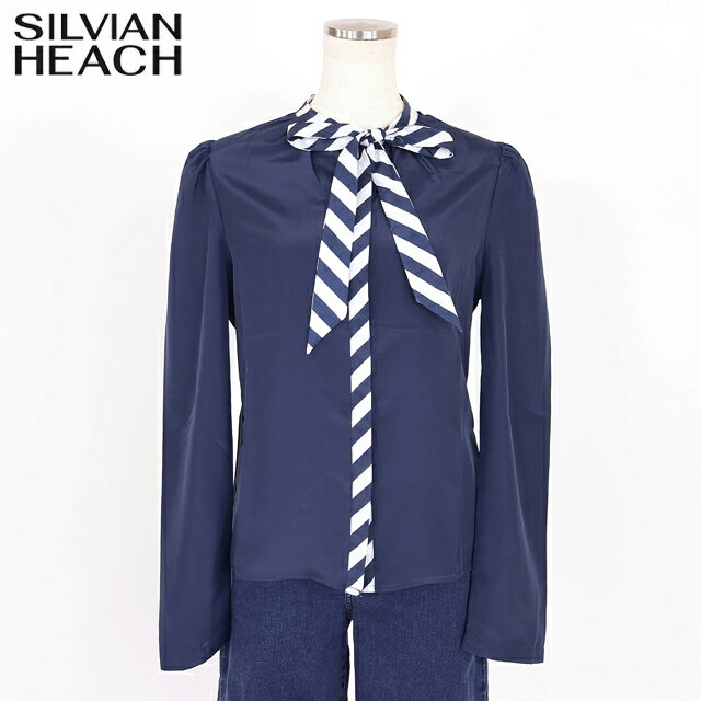 乐天商城 - シルビアン ヒーチ（SILVIAN HEACH）レディース 長袖ブラウス ネイビー系 バイアスボーダーボウタイポイントブラウス （サイズ/38/40）*sa1035