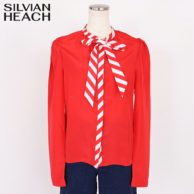 樂天商城 - シルビアン ヒーチ（SILVIAN HEACH）レディース 長袖ブラウス レッド系 バイアスボーダーボウタイポイントブラウス （サイズ/38/40）*sa1036
