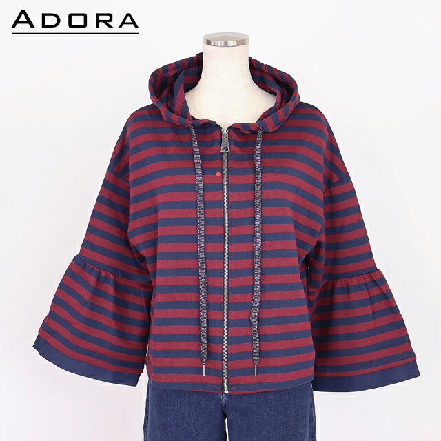 乐天商城 - アドラ（ADORA）レディース ジップアップパーカー レッド系 袖フレアボーダーパーカー イタリア製 （サイズ/F）*sa1038