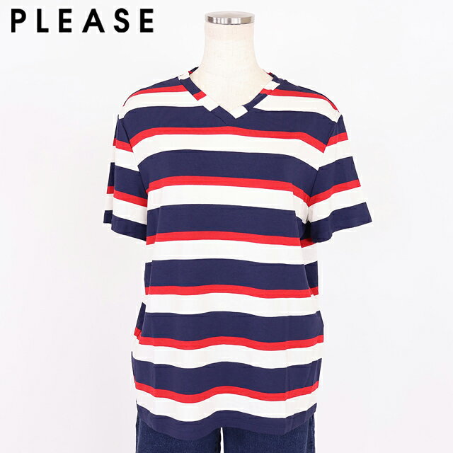 樂天商城 - プリーズ（PLEASE）レディース 半袖Tシャツ ボーダー マルチカラー系 トリコロールVネックTシャツ イタリア製 （サイズ/S）*sa1046