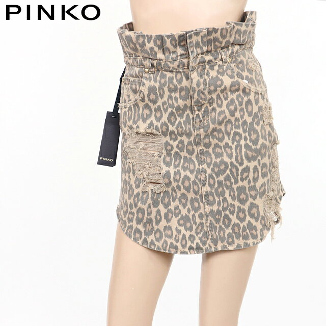 핀코(PINKO) 레이디스 미니 스커트 브라운계 데미지 가공 표범 무늬 (사이즈/40)*se0033