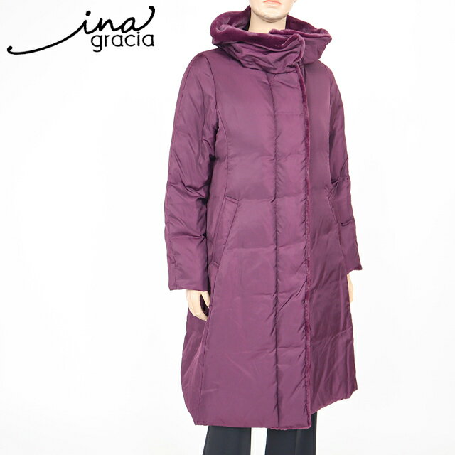 イナグラシア(ina gracia)レディース ダウンジャケット レッド系 ロング丈ダウンコート ダウン90/フェザー10 フード付き エコファー使い (サイズ...