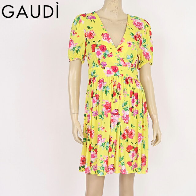 乐天商城 - ガウディ（GAUDI）レディース ワンピース ミディアム イエロー系 フラワープリントカシュクールワンピ （サイズ/42）*uw0002