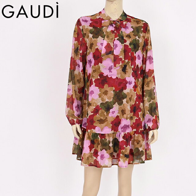樂天商城 - ガウディ（GAUDI）レディース ワンピース ミディアム マルチカラー系 ボウタイ付き裾フリルカームフラワーパターンワンピ イタリア製 （サイズ/42）*uw0010
