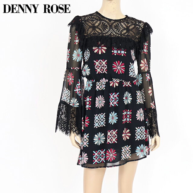 樂天商城 - デニーローズ（DENNY ROSE）レディース ワンピース ミディアム ブラック系 カギ針ヨークフリルモチーフプリントワンピ イタリア製 （サイズ/40）*uw0013