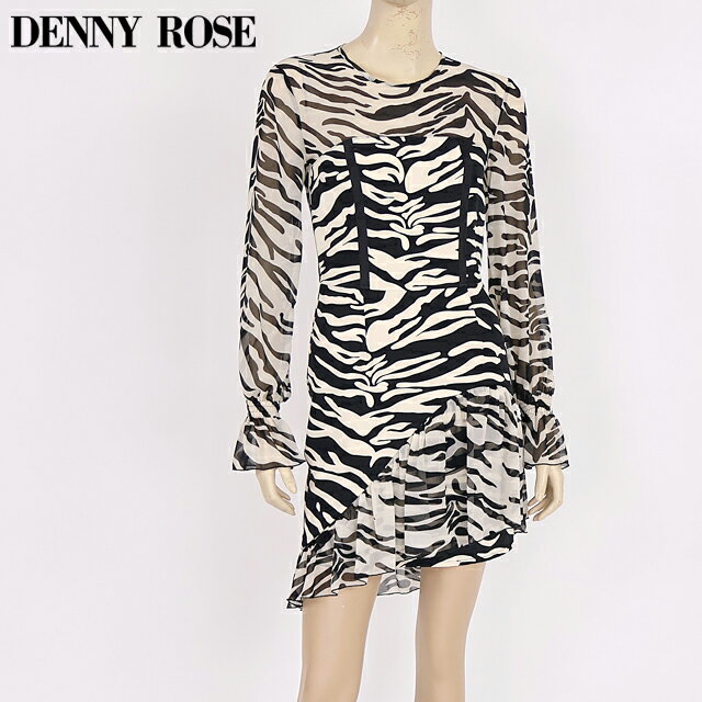 樂天商城 - デニーローズ（DENNY ROSE）レディース ワンピース ミディアム ホワイト系 ブラック×ホワイト ゼブラプリント胸元、袖生地切替ジョーゼットワンピ イタリア製 （サイズ/42）*uw0019