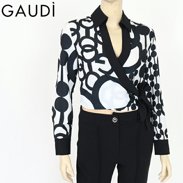 樂天商城 - ガウディ（GAUDI）レディース 長袖ブラウス ブラック系 　サークルプリントカシュクールBL　black×white （サイズ/40/42）*wg0020
