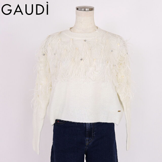 乐天商城 - ガウディ（GAUDI）レディース 長袖ニット ホワイト系 フロントフェザーポイントクルーネックニット （サイズ/XS/S）*wg1023