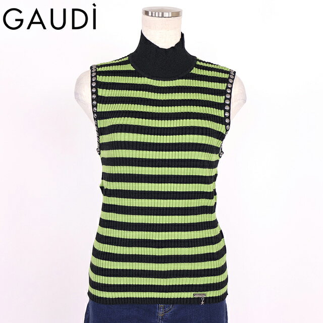 樂天商城 - ガウディ（GAUDI）レディース ノースリーブニット グリーン系 ボーダーノースリハイネック （サイズ/S）*wg1030