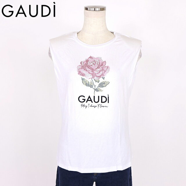 乐天商城 - ガウディ（GAUDI）レディース タンクトップ ホワイト系 ラインストーンローズプリントノースリTシャツ （サイズ/S）*wg1046