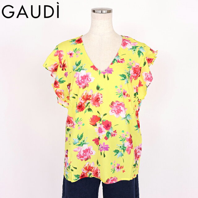 樂天商城 - ガウディ（GAUDI）レディース 半袖ブラウス イエロー系 フラワープリントフリルスリーブブラウス （サイズ/40/42/44）*wg1052