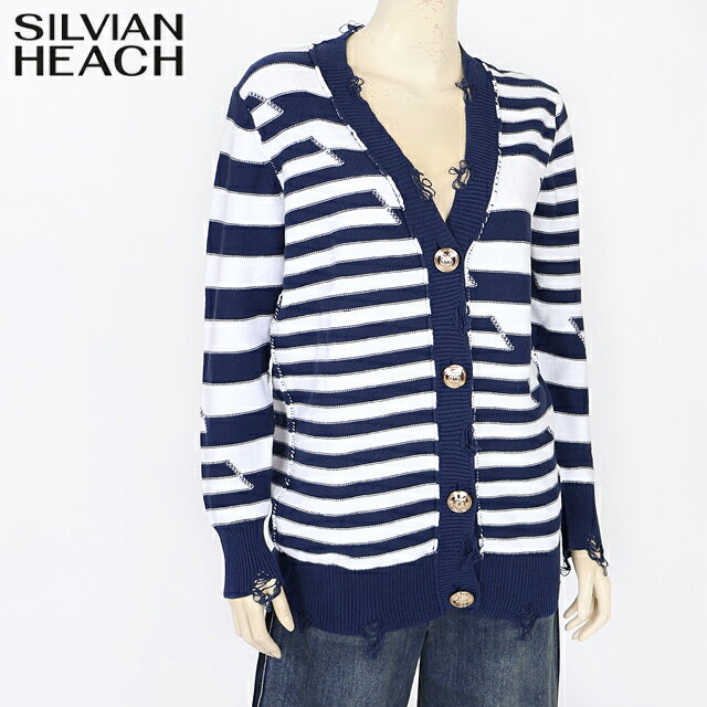 シルビアン ヒーチ（SILVIAN HEACH）レディース 長袖カーディガン ネイビー系 　切替ボーダーリブダメージVネックNTカーデ （サイズ/XXS）*wo1020