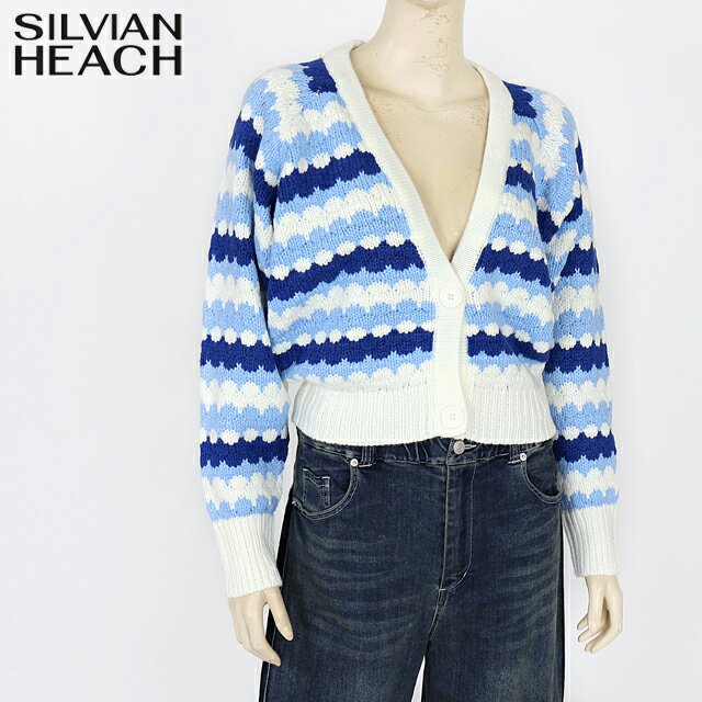 シルビアン ヒーチ（SILVIAN HEACH）レディース 長袖カーディガン ブルー系 BL×WH 　スカラップジャガードVネックNTカーデ （サイズ/XXS/XS/S）*wo1023