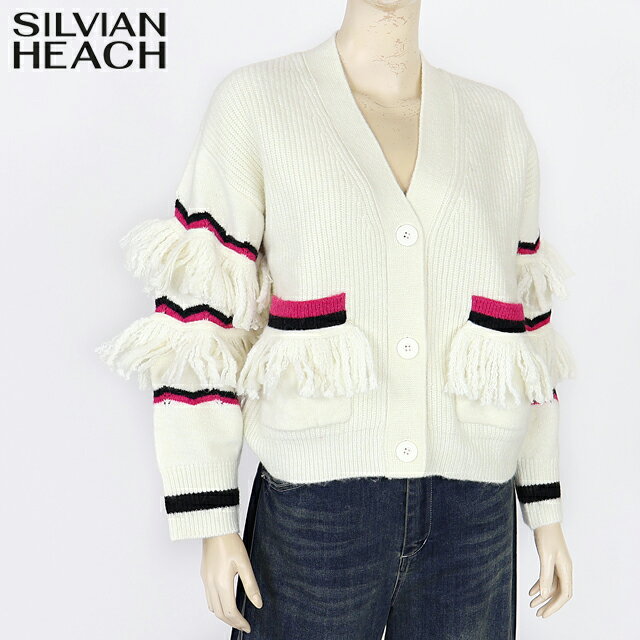 シルビアン ヒーチ（SILVIAN HEACH）レディース 長袖カーディガン ホワイト系 　デザインポイントVネックリブニットカーデ （サイズ/XXS/XS）*wo1025