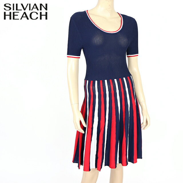 シルビアン ヒーチ（SILVIAN HEACH）レディース ロングワンピース ネイビー系 マルチストライププリーツ切替ニットOP （サイズ/XS）*wo1032