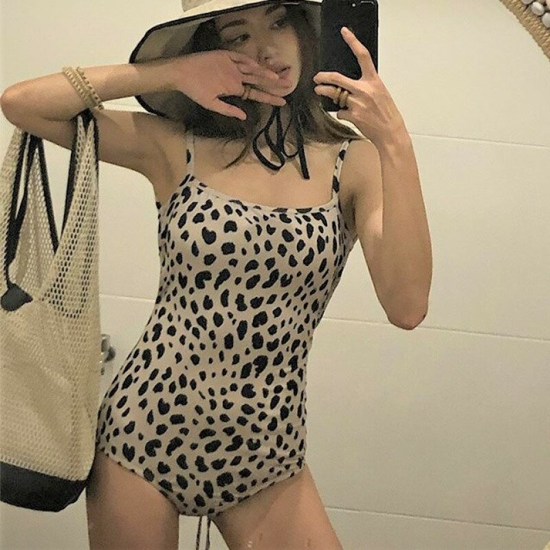 ワンピース 水着 レオパード オープンバック スイムドレス キャミソール ストラップ パッド入り ワイヤーなし レディース D17 カトリナ