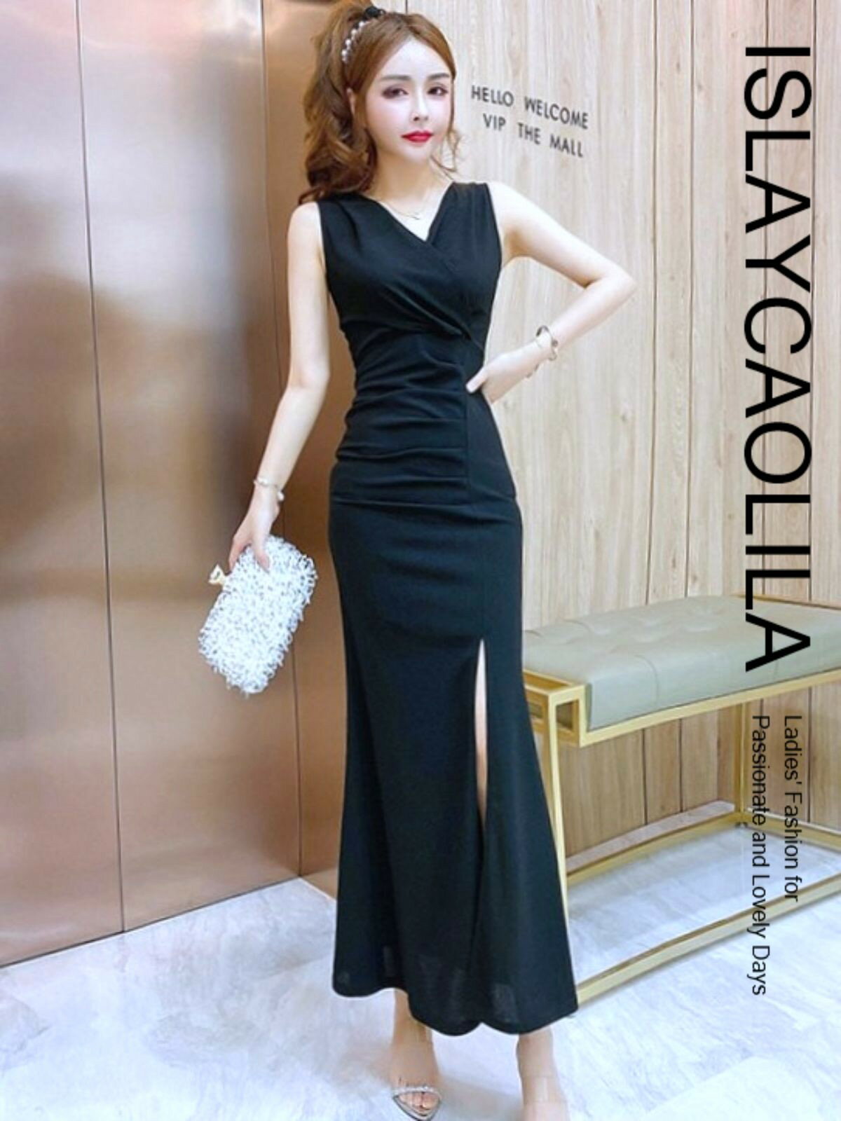 ロング マキシ丈 ドレス Vネック ノースリーブ クロスデザイン EO7 シェリル