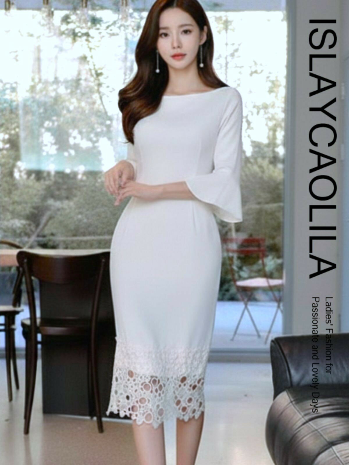 ワンピース ドレス レディース ミニ丈 七分袖 タイトスカート レース EO9 エリナ