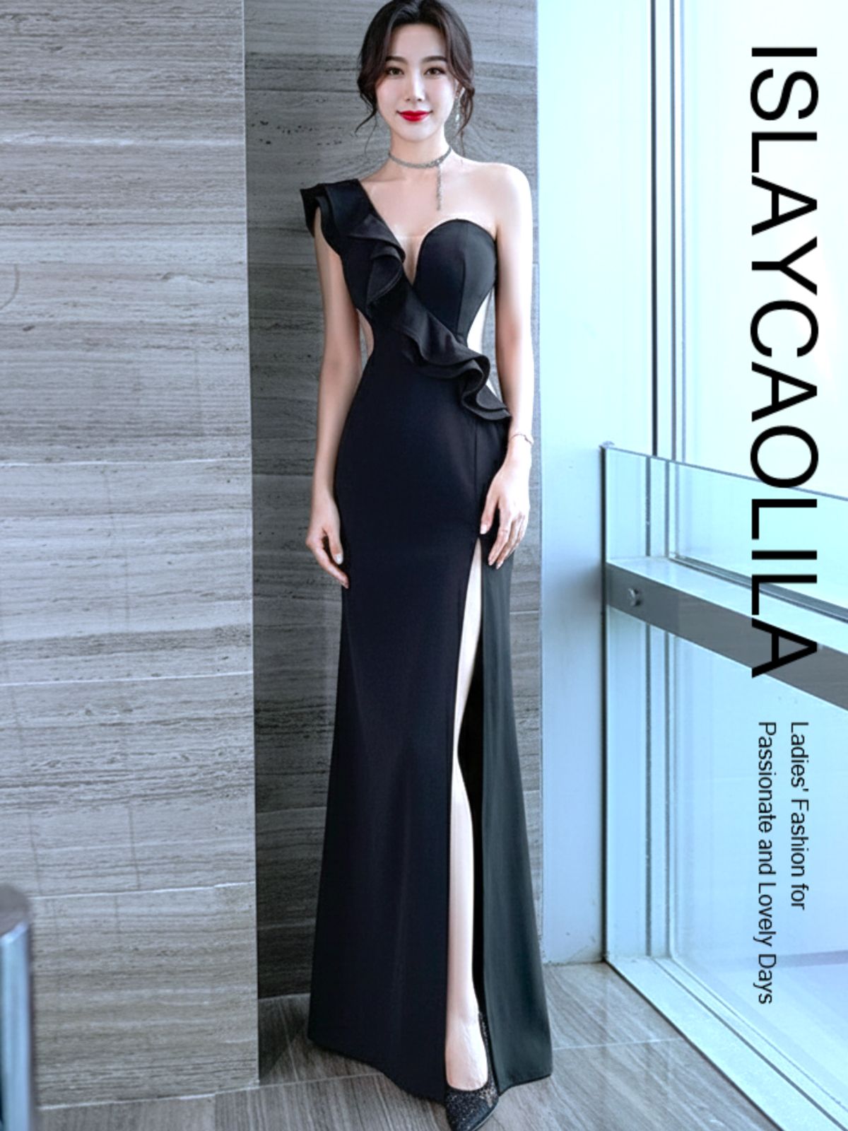 セクシー ワンショルダー ロングドレス スリット入り タイトライン EP1 アイン