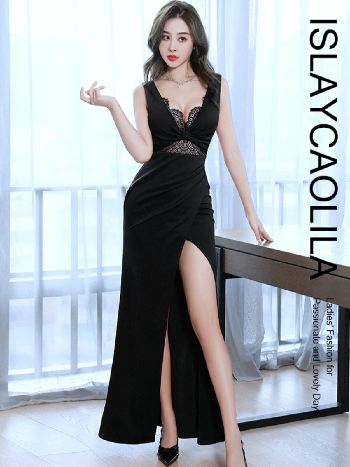 ロング マキシ丈 ドレス 深V レース切り替え ウエスト透け EP2 ルイーザ