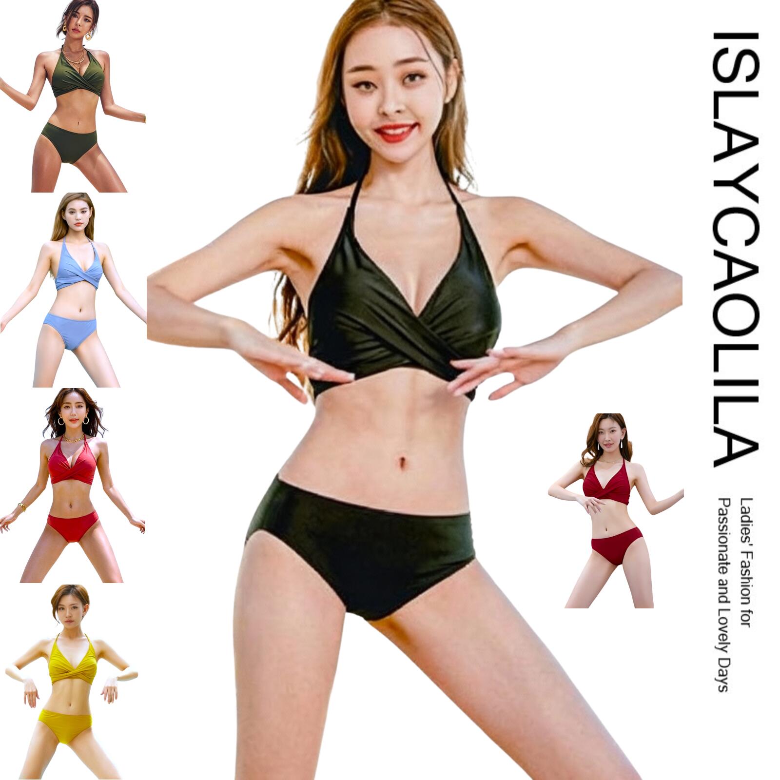 ビキニ セット 水着 ホルターネック カシュクール スイムドレス 三角 セパレート パッド入り ワイヤーなし レディース CD6 アイダ