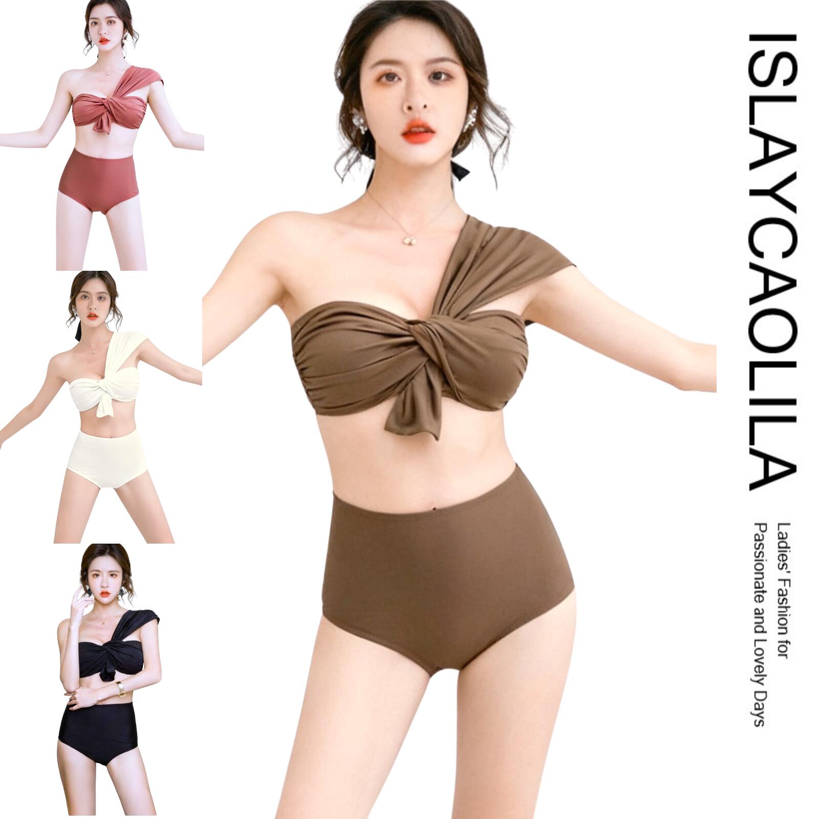 ビキニ 水着 ワンショルダー フロント リボン スイムドレス ハイウエスト パッド入り ワイヤーなし セ..