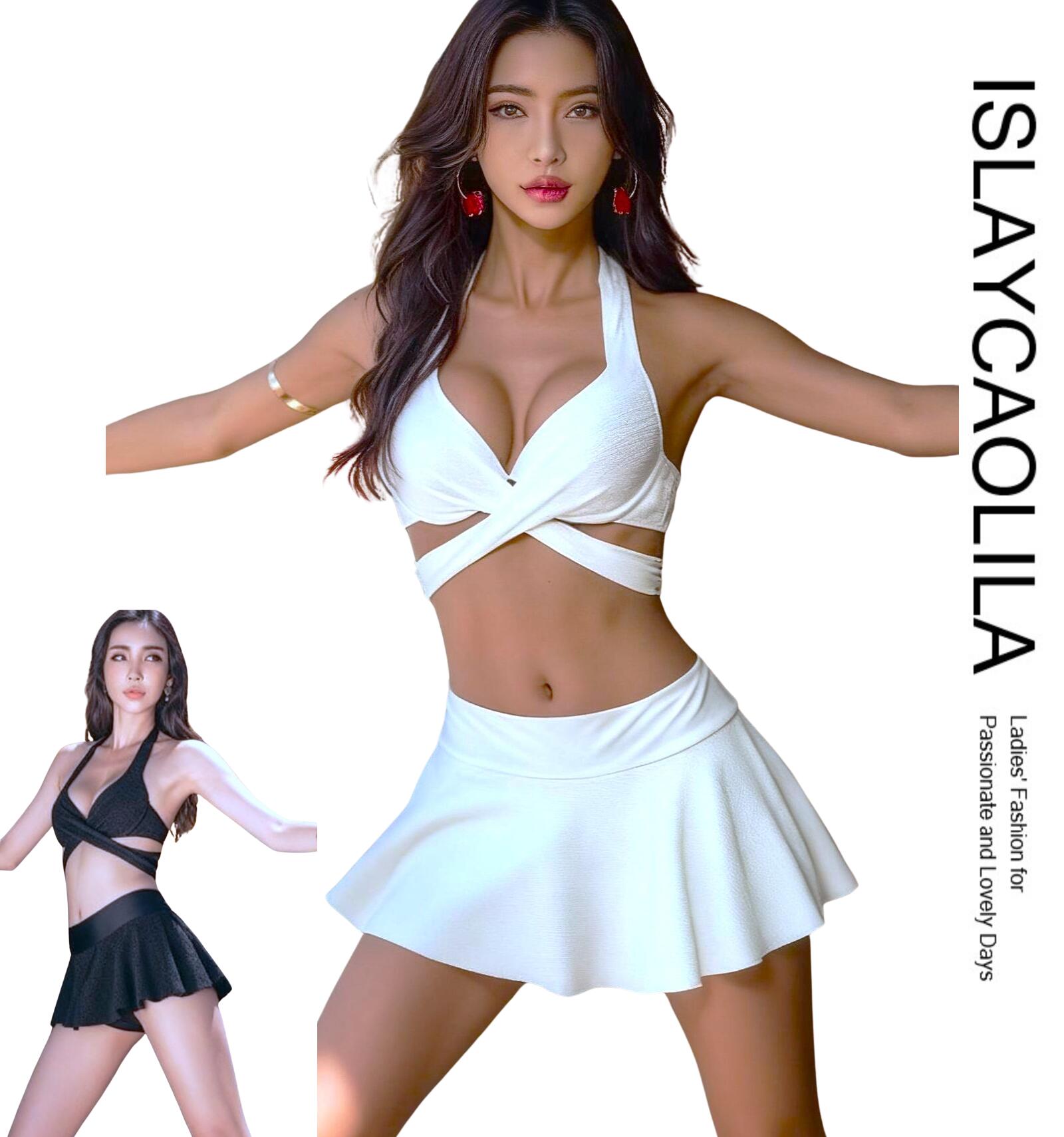 ビキニ セット 水着 ホルターネック クロス スイムドレス リボン フレア スカート ミニ パッド入り ワイヤーあり レディース CY1 ラリサ(4.0)