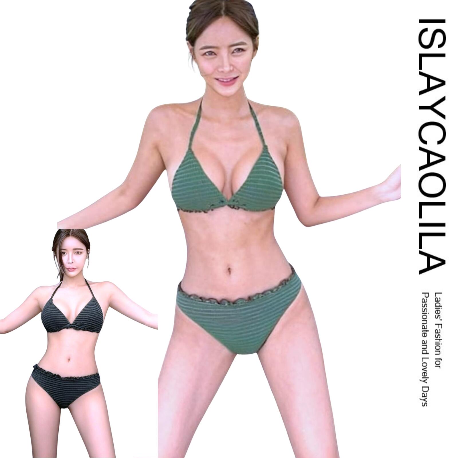 ビキニ 水着 ホルターネック 三角 スイムドレス 生地感 ストラップ フリル セパレート パッド入り ワイヤーなし レディース D01 エイラ