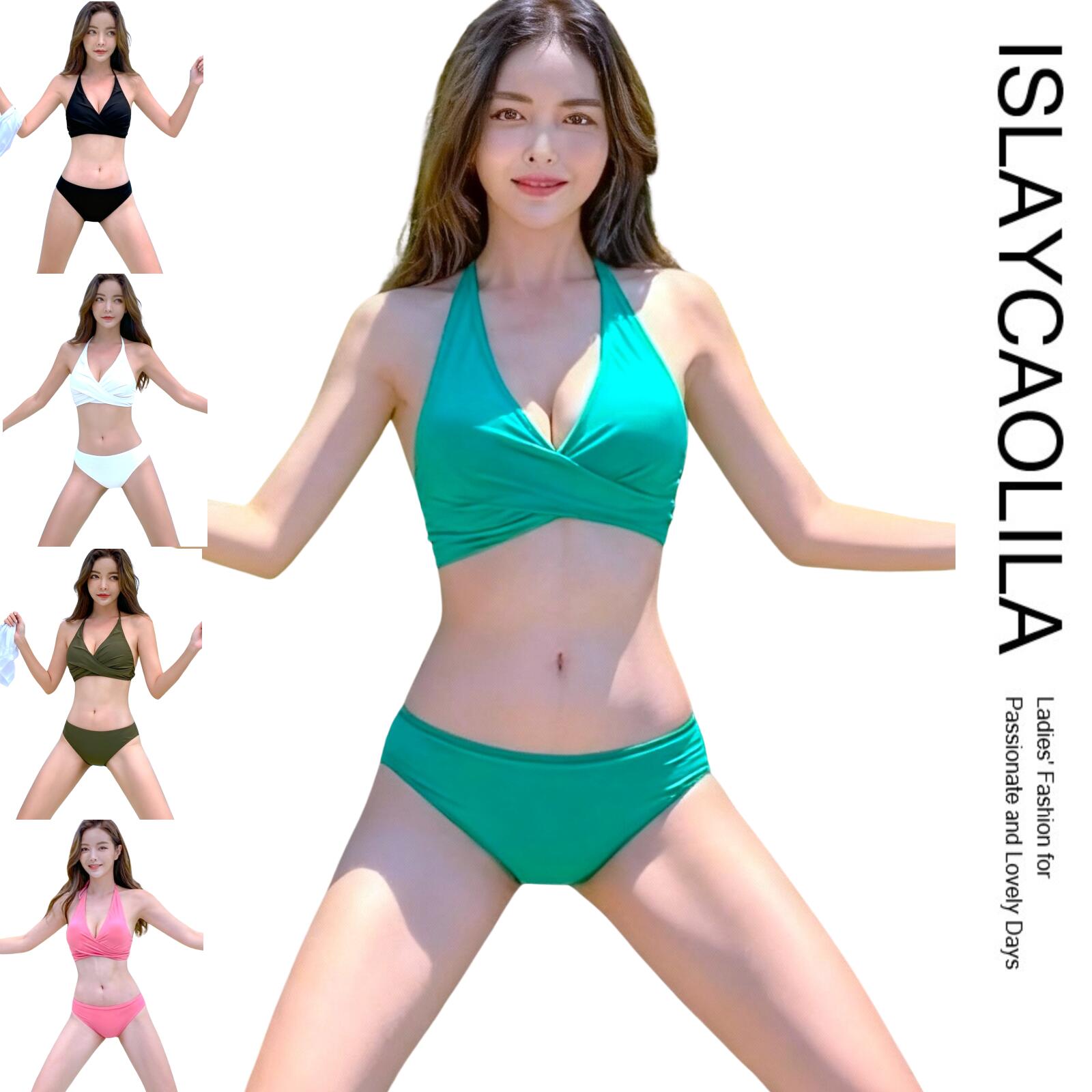 ビキニ セット 水着 ホルターネック カシュクール スイムドレス 三角 ストラップ パッド入り ワイヤーなし レディース D39 アデリナ