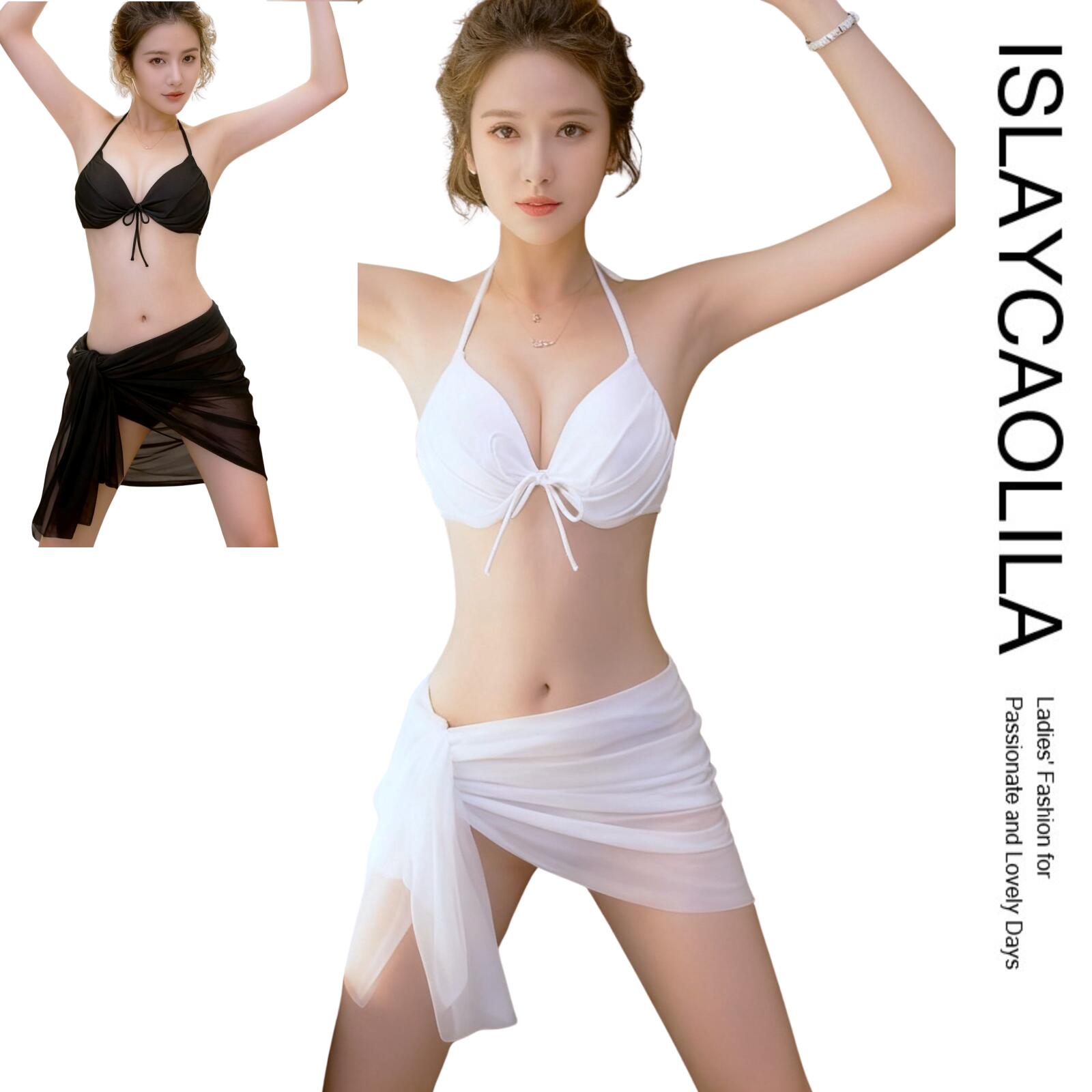 ビキニ 水着 パレオ 3点セット スイムドレス セパレート ホルターネック リボン ローライズ パッド入り ワイヤーあり レディース D73 カリサ