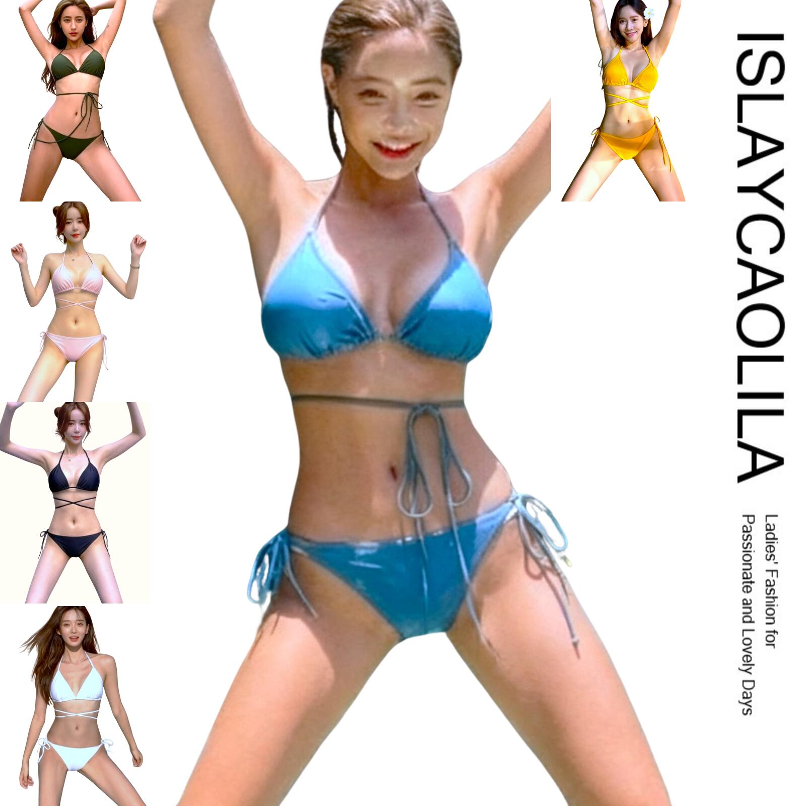 ビキニ セット 水着 ホルターネック ロング ストラップ スイムドレス 三角 紐 ラップ パッド入り ワイヤーなし レディース DJ0 チェリー