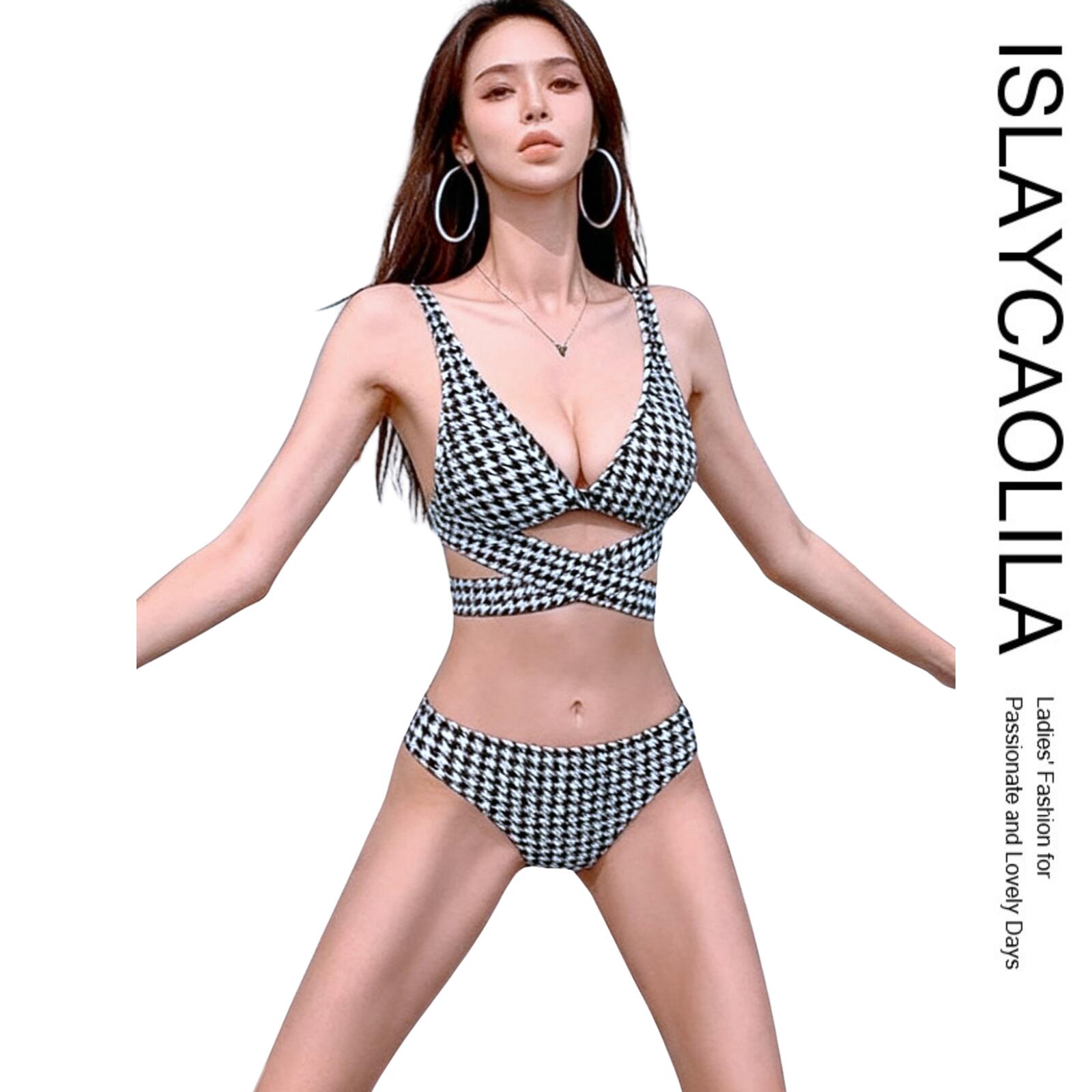 ビキニ セット 水着 千鳥格子 クロス スイムドレス チェック 三角 セパレート ローライズ パッド入り ワイヤーなし レディース DM5 メリン