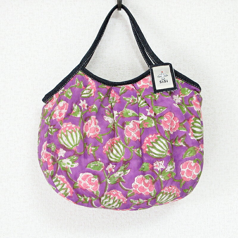 sisiグラニーバッグ 定番サイズ インドブロックプリント 草花柄 パープル sisiバッグ 布バッグ ショル..