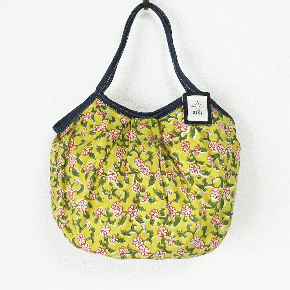 sisiグラニーバッグ 定番サイズ インドブロックプリント 草花柄 イエロー sisiバッグ 布バッグ ショル..