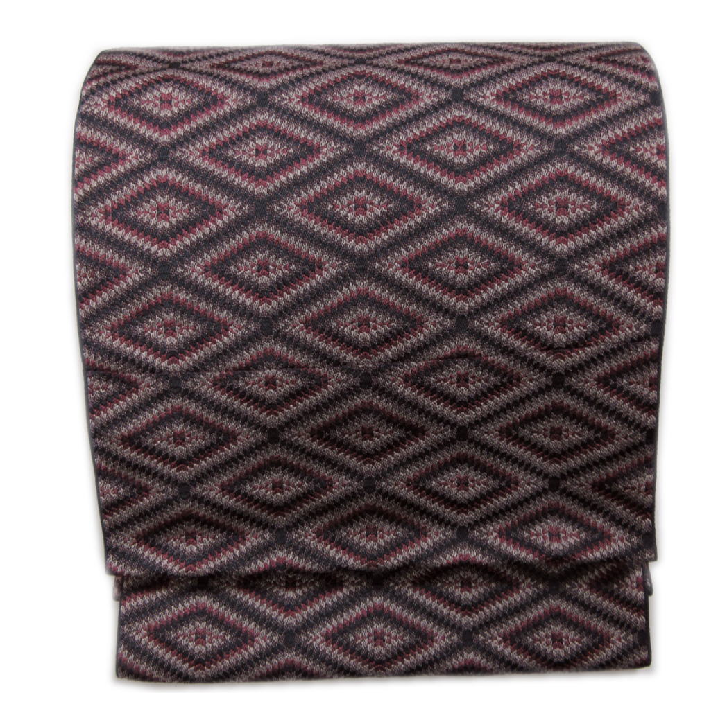 八寸名古屋帯 全通柄 墨黒渋紫地菱形文様 日本製 着物 きもの カジュアル 洗える お仕立て上がりのサムネイル