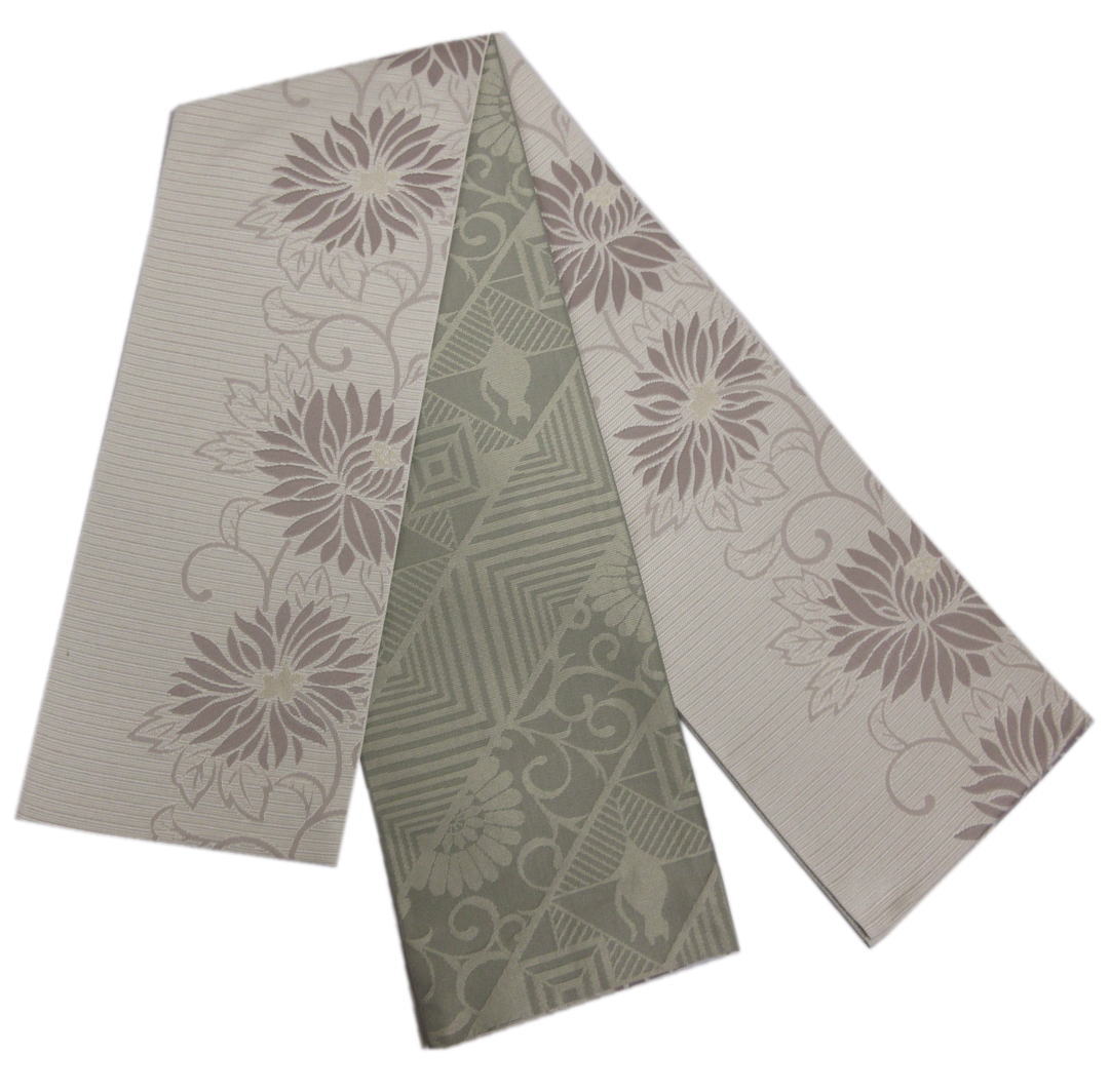 半巾帯 半幅帯 リバーシブル 淡グレー地菊花 渋緑グレー地猫菱古典柄 日本製 洗える着物 小紋 紬 きもの 細帯 小袋帯 女性用 レディース カジュアル 両面 猫柄 ねこ ネコ