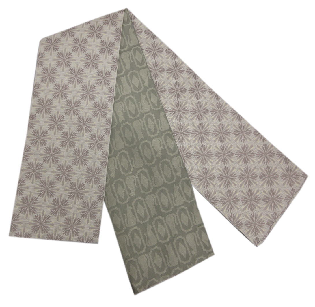 半巾帯 半幅帯 リバーシブル 淡グレー地花菱 渋緑グレー地猫ダイヤ 日本製 洗える着物 小紋 紬 きもの 細帯 小袋帯 女性用 レディース カジュアル 両面 猫柄 ねこ ネコ