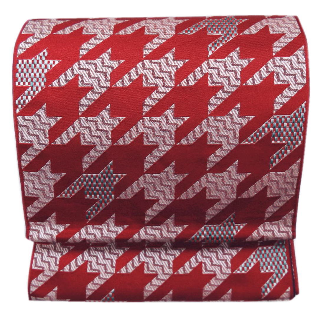 京袋帯 全通柄 赤色地千鳥格子 日本製 着物 きもの カジュアル 洗える お仕立て上がり 女性用 レディース 和装 和服 古典柄 和柄