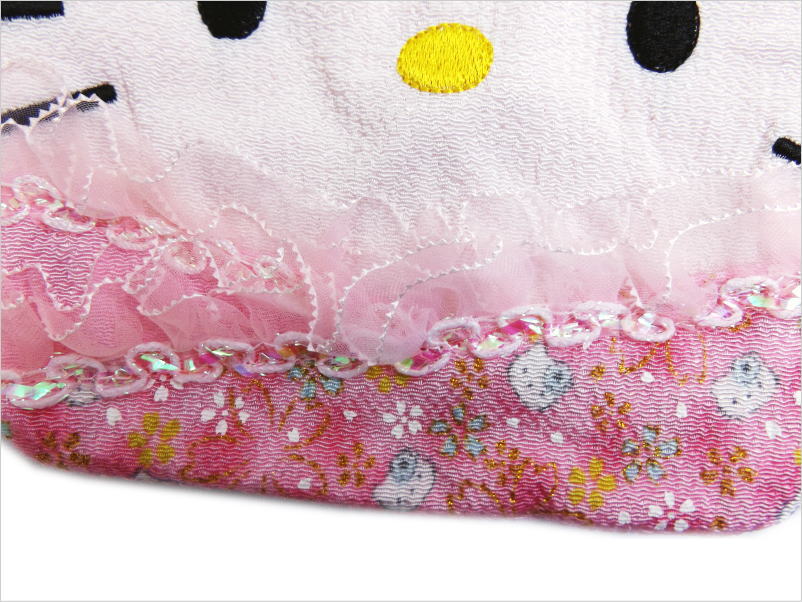 ハローキティちゃん和柄レース付フェイス平巾着・小物入れピンク色地桜 女性用レディース 子供キッズ