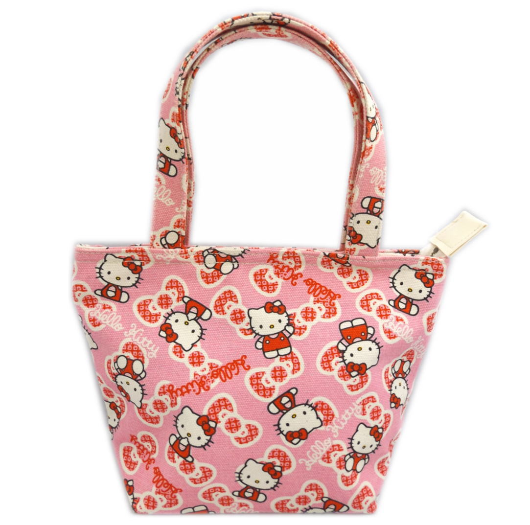 ミニトートバッグ ハローキティちゃん 帆布 日本製 ピンク地リボン ファスナー付 女性用 レディース キッズ 子供用のサムネイル