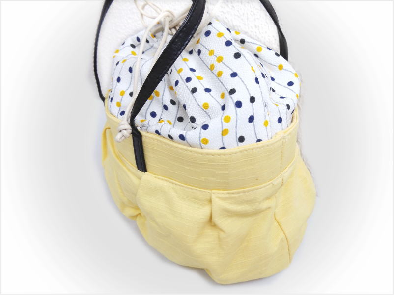 バッグ 巾着 ふわクシュ 白色地ドットライン黄色 浴衣 ゆかた カジュアル 着物 デニム 女性用 レディース