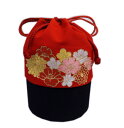 【訳有り 少難あり】 巾着 バッグ ちりめん 刺繍 底かご 円筒型 赤色地桜梅菊椿 卒業式 袴 はかま 着物 和柄 ハカマ きもの 女性用 レディース