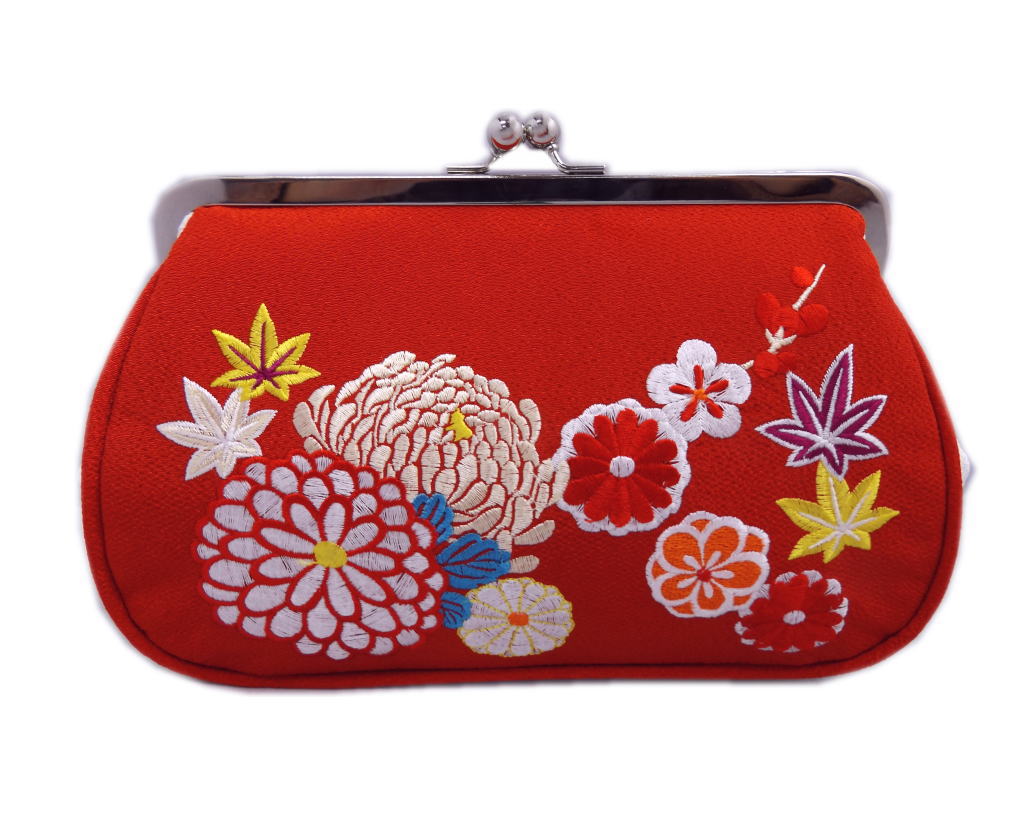 バッグ 桂由美 がま口 手提げ クラッチ 赤白色地菊梅楓刺繍 振袖 成人式 卒業式 袴 はかま 着物 きもの 単品 ガマ口 小紋 洗える着物 振袖用 ハカマ 赤色 女性用 レディース