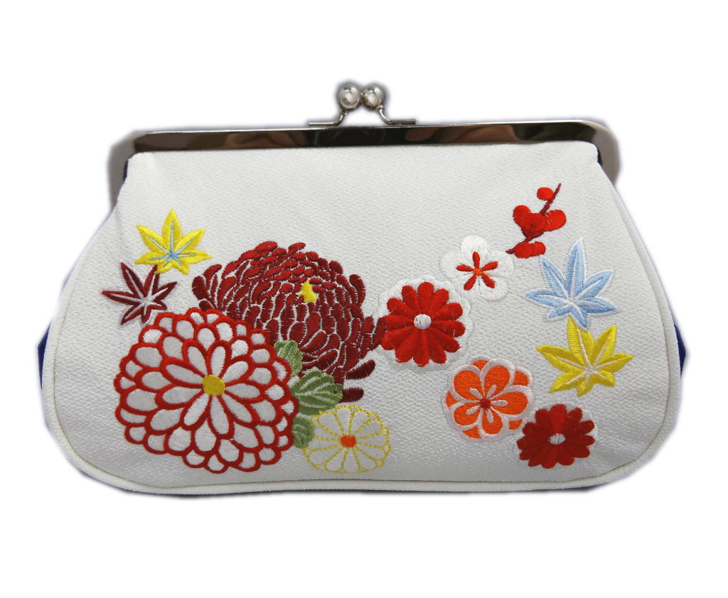 バッグ 桂由美 がま口 手提げ クラッチ 白色濃青地菊梅楓刺繍 振袖 成人式 卒業式 袴 はかま 着物 きもの 単品 ガマ口 小紋 洗える着物 振袖用 ハカマ 白色 女性用 レディース
