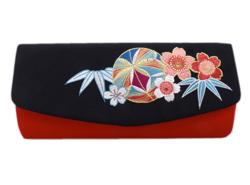 バッグ 手提げ クラッチ 黒赤色地鞠桜刺繍 振袖 成人式 卒業式 袴 はかま 着物 IKKO かぶせタイプ 単品