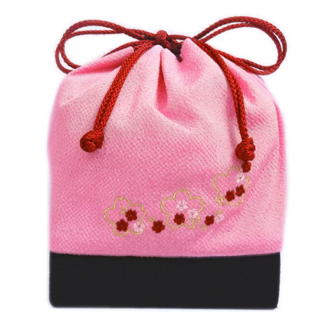 巾着 バッグ ちりめん 刺繍 底かご 四角形ピンク地桜桜 卒業式 袴 はかま 着物 和柄